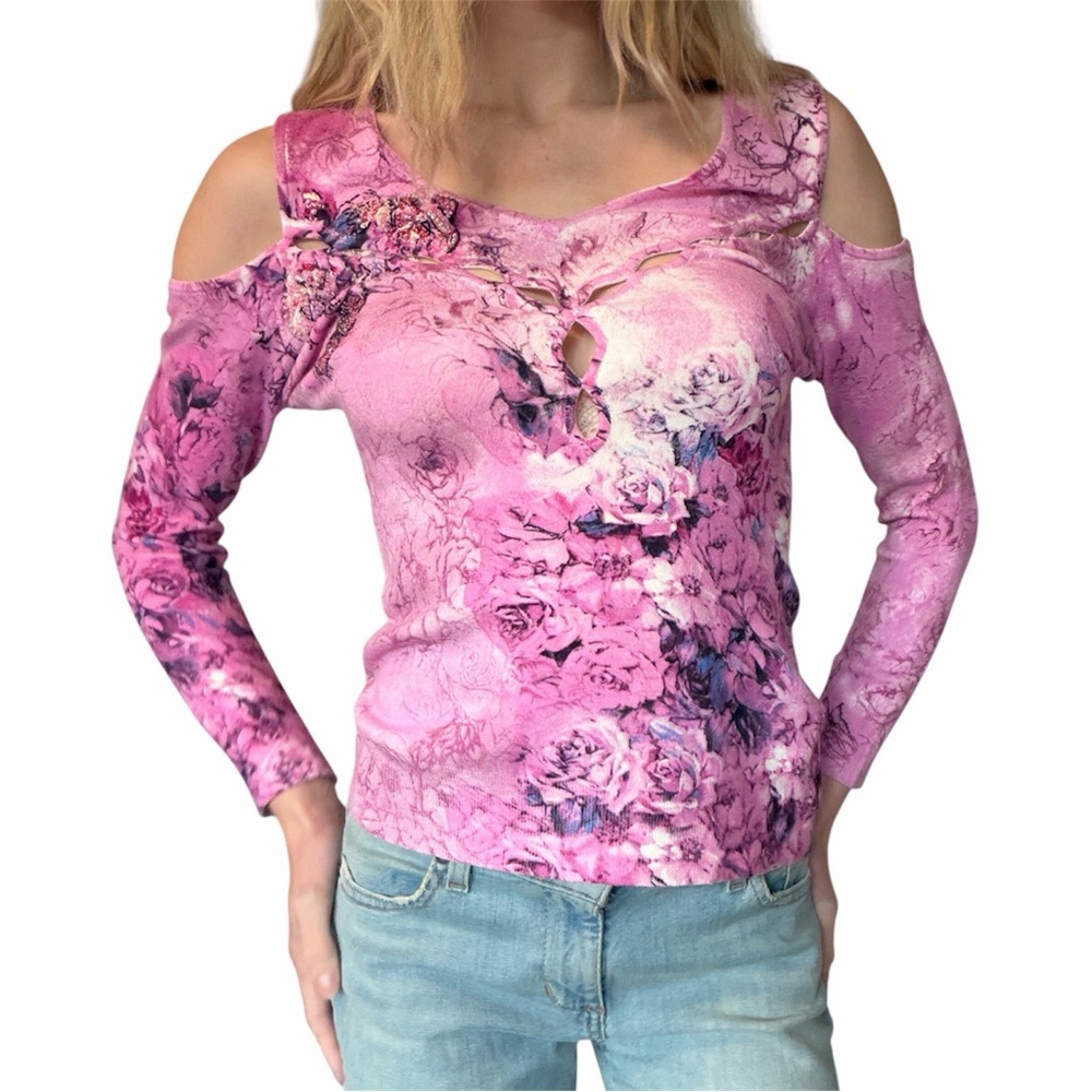 Faust vintage beaded sweater with cutouts and 3/4 sleeves